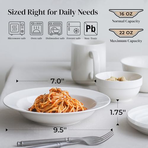 DOWAN Soup and Pasta Bowls Set of 4, White Porcelain Wide Rim Salad