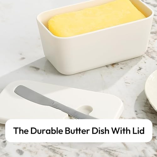 White Butter Dish with Lid and Knife, BPA-Free Butter Keeper with