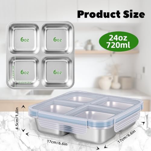 4 Pack Stainless Steel Snack Containers, 4 Compartments,24