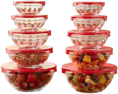 Classic Cuisine Glass Mixing Bowls with Lids, Strawberry, 10 Pack