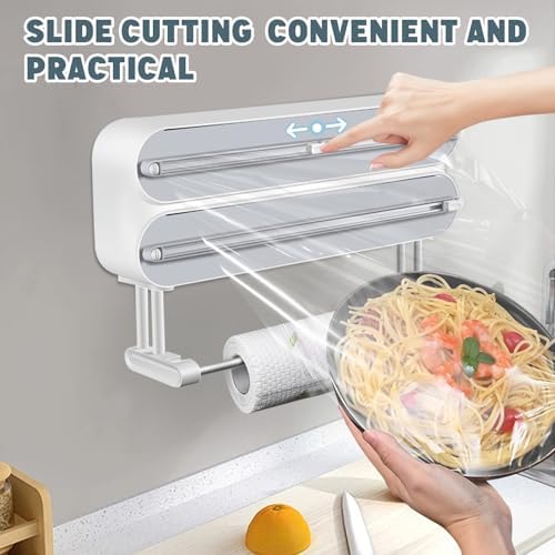 AUSTUFF 3 in 1 Plastic Wrap Dispenser with Cutter Magnetic Aluminum Foil