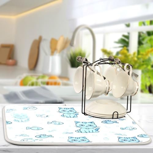 OTVEE Underwater Cat Print Dish Drying Mat for Kitchen Counter