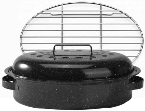 15.4” Turkey Roasting Pan With Rack and Lid, Enamel Carbon Steel