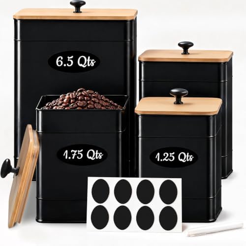 Kitchen Canister Set of 4, Airtight Metal Flour Sugar Containers Black