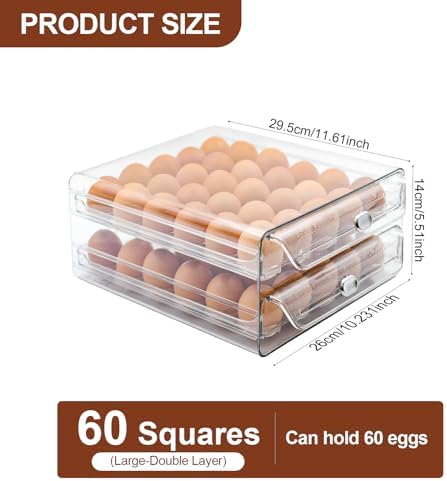 Egg Holder for Refrigerator, 60 Eggs, Clear Drawer