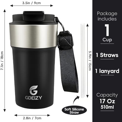 Insulated Travel Coffee Mug, 17oz Stainless Steel Leakproof Flip Straw