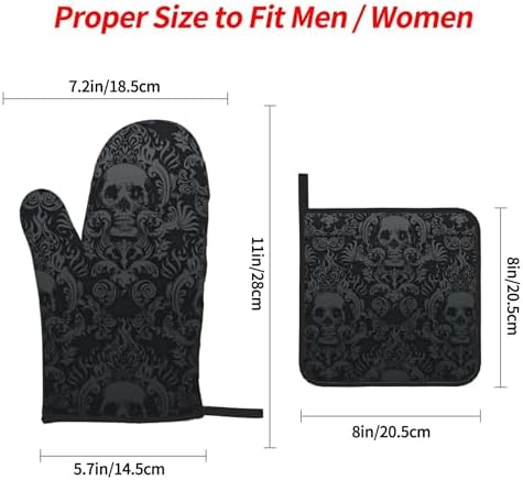 Victorian Gothic Black Skull Damask Oven Mitts and Pot Holders Sets of