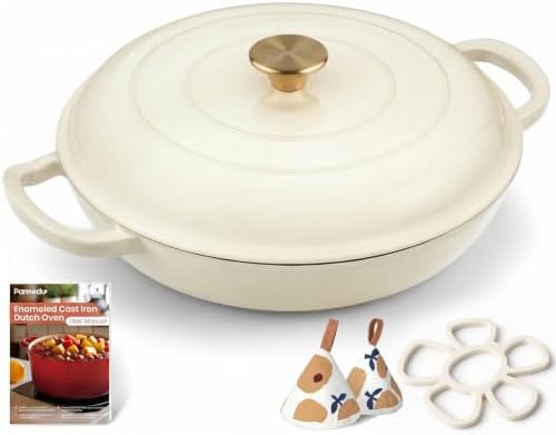 Parmedu Cast Iron Dutch Oven, 3.8 Quart, White, Shallow Braiser & Casserole
