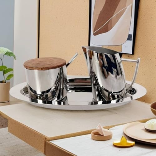 Fenteer Stainless Sugar Container Milk Pitcher Set Metal Wooden Lid