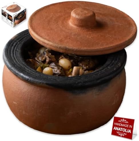 Hakan Efes Clay Cooking Pot with Lid, MIDI 2.9 Quarts Clay Pots for