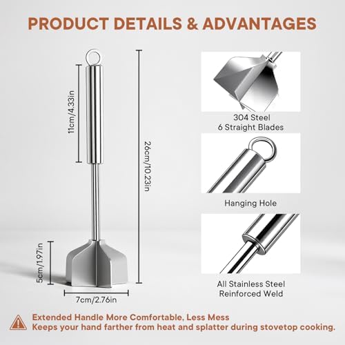 304 Stainless Steel Meat Chopper & Masher, All Stainless Steel 6-Blade