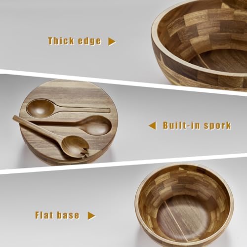 Acacia Wooden Salad Bowl with Lid, Built-in Acacia Wood Utensils