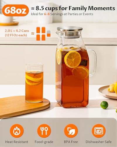 68oz Glass Pitcher with Lid, Borosilicate Glass Carafe with Filter