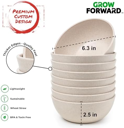 Grow Forward Premium Wheat Straw Bowls Set of 8 - Reusable 27oz Hard