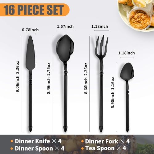 Black Unique Silverware Set,16-Piece Stainless Steel Cutlery Set for