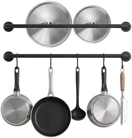 Black Steel-made Kitchen Utensil Rack Organizer Wall-mounted Pot Pan Wall Hanger Holder For Hanging Rail with 10 S Hooks