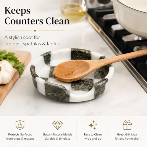 Marble Spoon Rest for Stove Top - Checkered Kitchen Utensil Holder