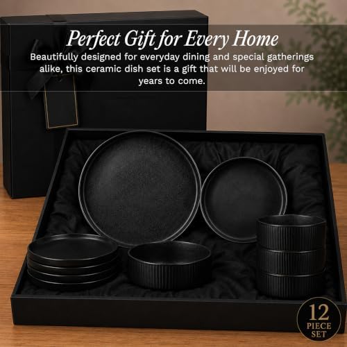 Sango 12 Pieces Stoneware Fluted Dinnerware Set, Modern Black Dishes