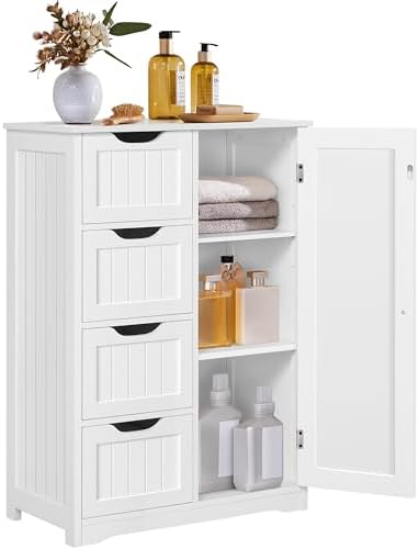 Yaheetech Small Bathroom Storage Cabinet with 4 Drawers & Door, White