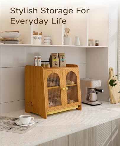 Emojoy Bread Box for Kitchen Countertop, Large Double Layer Wooden Bread Storage Container with Acrylic Window, Adjustable Air Vents & Built-In Cutting Board, Pantry Organizer