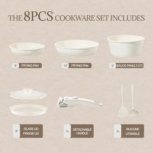 Ceramic Cookware Set Non Stick 8Pcs Pots and Pans Set Detachable