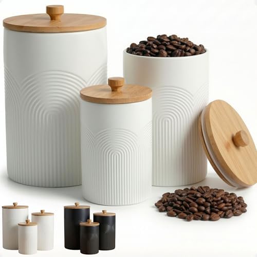 Ceramic Kitchen Canisters for Countertop Set of 3 w/ Airtight Bamboo