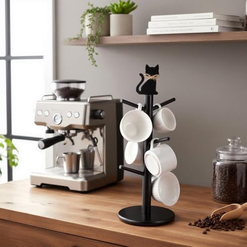 Black Cat Mug Tree with 6 Hooks Gothic Coffee Cup Holder Stand