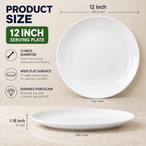 Serving Platters Set of 4, 12 Inch White Ceramic Serving Plates, Round