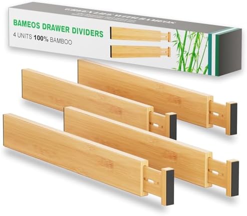 BAMEOS Bamboo Expandable Drawer Dividers – Fits 16.6"–22" Drawers, 2"