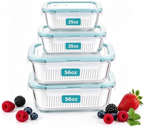 4 Pack Glass Berry Storage Containers for Fridge
