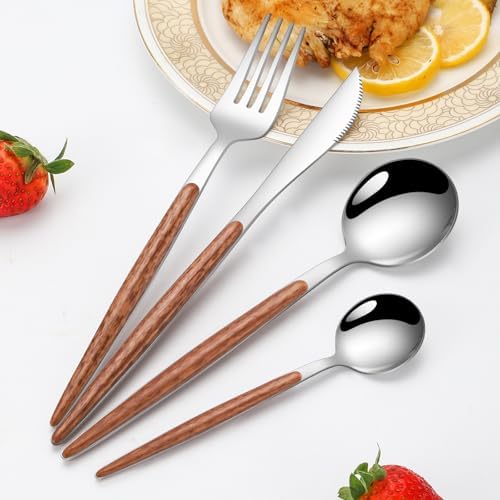16-Piece Silverware Set for 4, Wood-Grain Handle Flatware