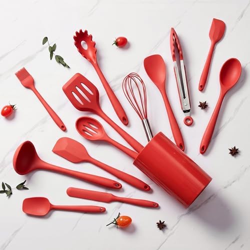 LIANYU 14 Pcs Silicone Cooking Utensils Set with Holder, Red
