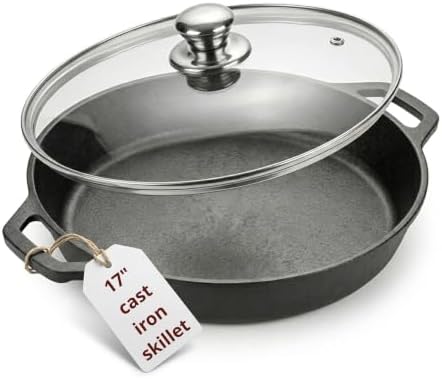 Extra Large Pre-Seasoned 17 Inch Cast Iron Skillet With Lid, Double Handle