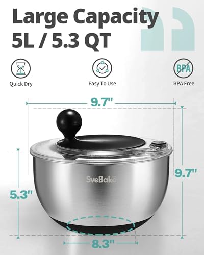 Stainless Steel Salad Spinner with Storage Lid, 5.3 Qt, BPA-Free
