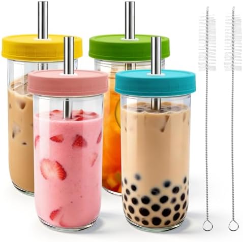 4 Pack Reusable Boba Cup 22OZ Wide Mouth Mason Jar Glass Drinking Cup