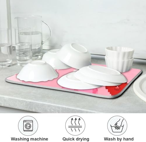 OTVEE Charming Pixel Heart Art Dish Drying Mat for Kitchen Counter
