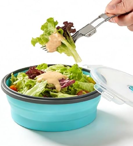 ColorCoral Collapsible Camping Bowl with Lid & Fork Silicone 1200ml
