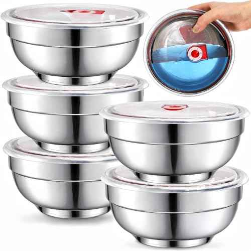 Pumtus 5 Packs 304 Stainless Steel Cereal Bowls, 28 OZ Metal Bowl with Airtight Lid, Leakproof Insulated Ice Cream Bowls, Double Walled Metal Serving Bowl for Soup Noodle Rice Snack