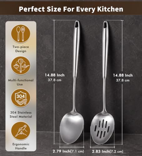 2 Pcs Stainless Steel Cooking Spoons Set, 304 Solid & Slotted Metal