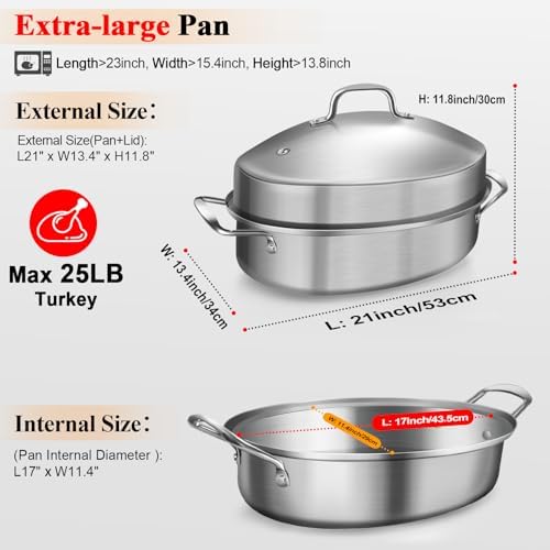 21 Inch Stainless Steel Roasting Pan with Rack and Lid For Turkey