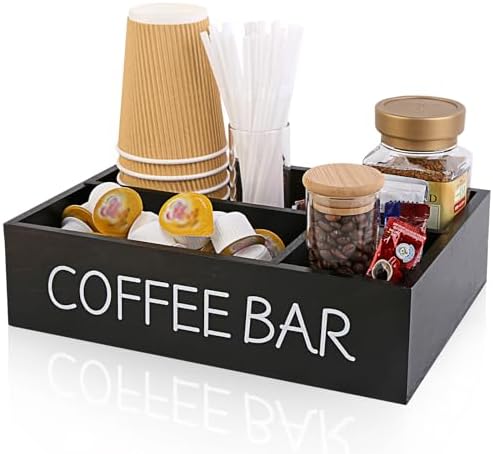 Coffee Bar Organizer, Wooden Coffee Station with 4 Compartments