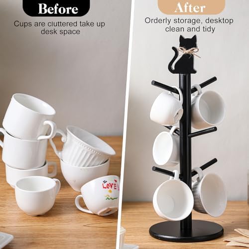 Black Cat Mug Tree with 6 Hooks Gothic Coffee Cup Holder Stand