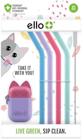 Ello Impact Reusable Silicone Straws with Carry Case, 6 Pack, Cat