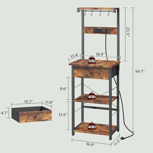 MAHANCRIS Bakers Rack with Drawer, 4 Tiers, Rustic Brown and Black