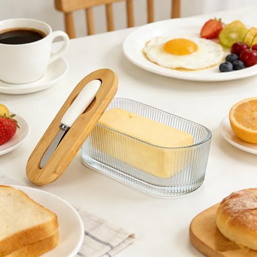 Glass Butter Dish With Lid For Countertop, Ribbed Glass Butter Dish