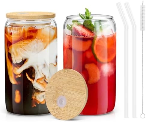 Glass Cups with Lids and Straws - 16 oz Glass Drinking Cups Set for