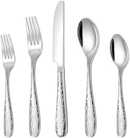 Hammered Silverware Set, Ollex 60-Piece Silver Flatware Set for 12