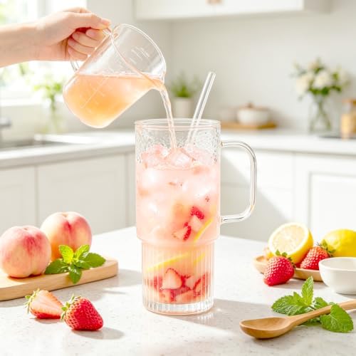 32 oz Glass Tumblers with Handle, Glass Cup with Bamboo Lid & Straw