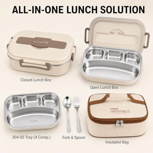 304 Stainless Steel Bento Box, 4 Compartments, Beige