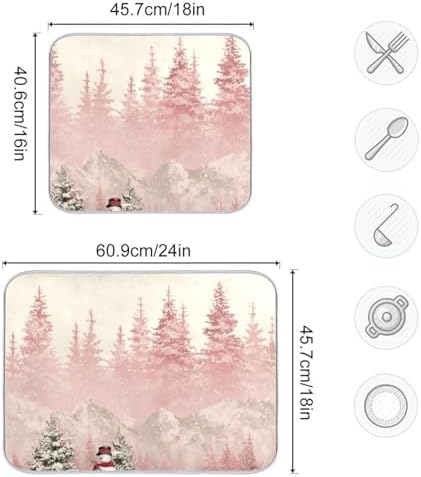 OTVEE Snowman in Pink Forest Dish Drying Mat for Kitchen Counter